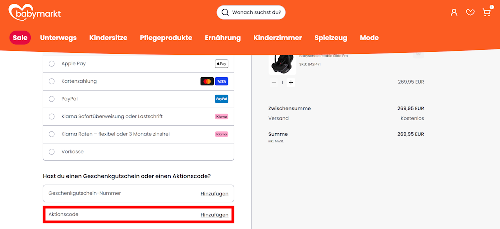 Bestellprozess von Babymarkt mit rotmarkiertem Eingabefeld für Rabattcodes