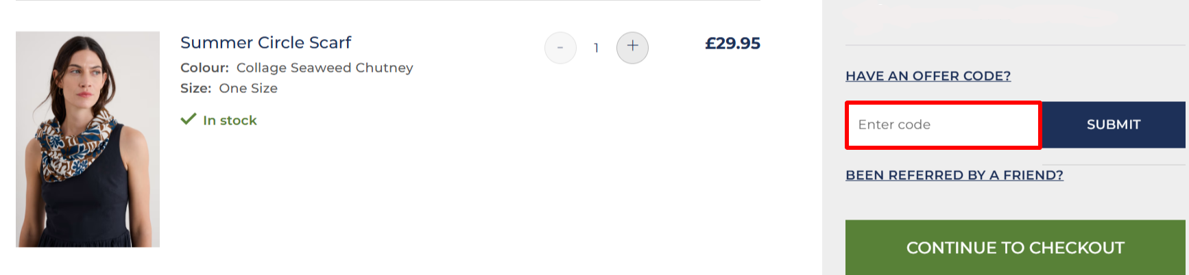 The checkout page showing where to apply your Seasalt Cornwall voucher code