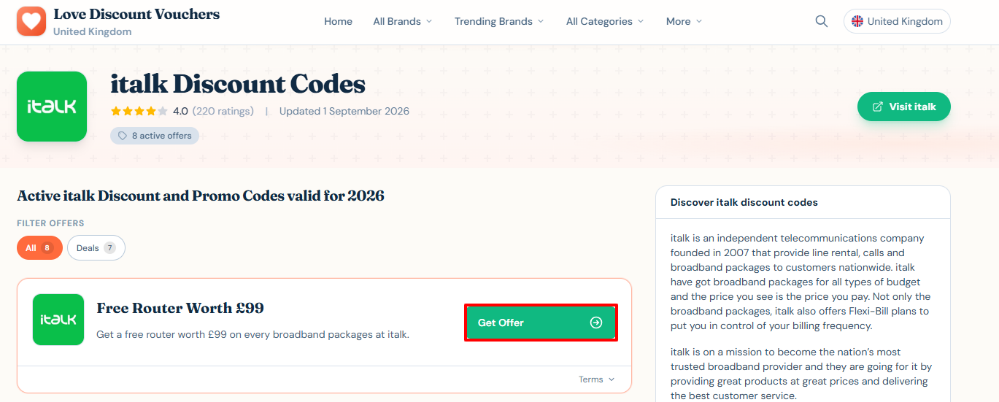 Choosing an italk offer on Love Discount Vouchers