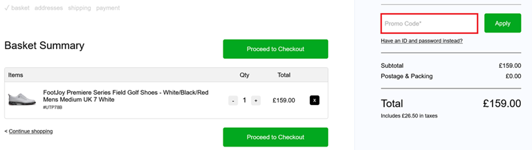 Image showing the Golf Gear Direct basket where you will enter your promo code