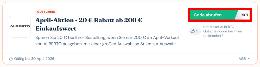 Angaben zu einem Gutscheincode für ALBERTO mit rotmarkiertem grünen Button