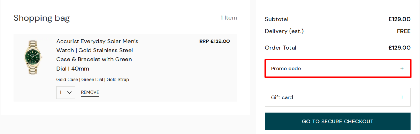 The checkout page showing where to apply your Accurist voucher code