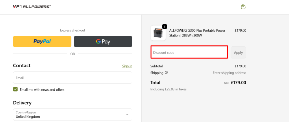 ALLPOWERS checkout page showing where to paste a code highlight in a red box