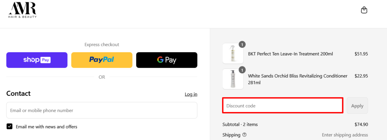 AMR Hair & Beauty checkout page where to enter your code