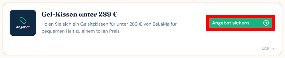 Angebot von BeLaMa mit rotmarkiertem grünen Buttom zum sichern des Angebots