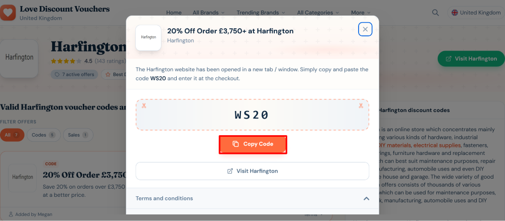 The page where you copy a Harfington code