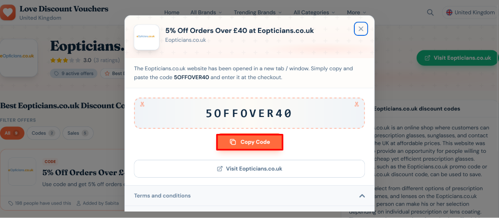 Eopticians.co.uk voucher and promo code which can be copied at Love Discount Vouchers