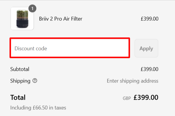 The checkout page showing where to apply your Briiv voucher code