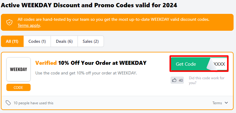 The discount codes displayed on Love Discount Vouchers and the "Get Code" tab highlighted by the red box.