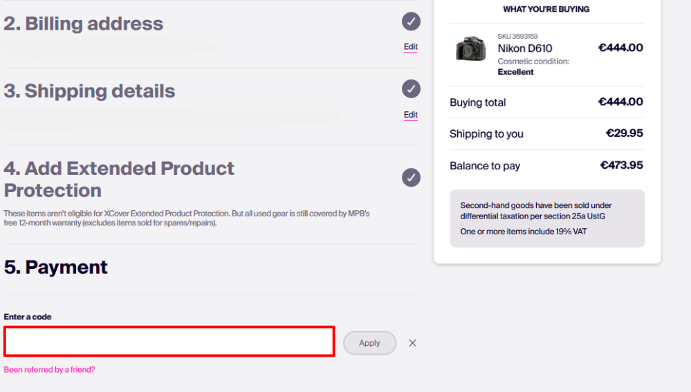 Checkout payment section where you apply your MPB discount code
