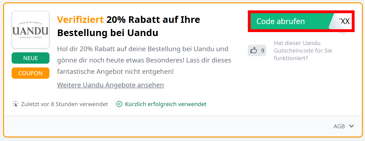 Angaben zu einem Rabatt von Uandu mit einem rotmarkiertem Abruf-Button