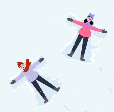 dos personas tiradas en la nieve con ropa de invierno comprada con las ofertas de las rebajas de invierno