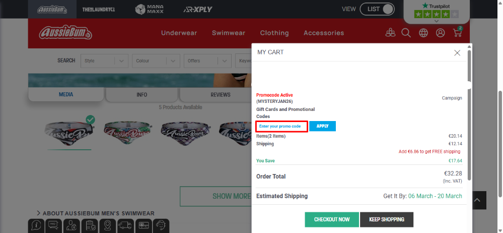 Your shopping cart with your aussieBum discount code place