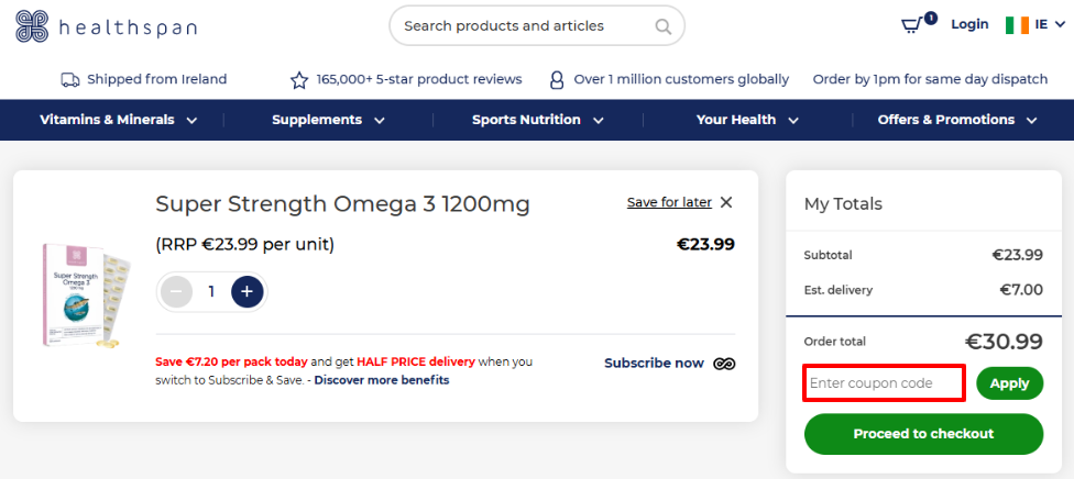The shopping basket opened up so you can see where you can apply your Healthspan discount code