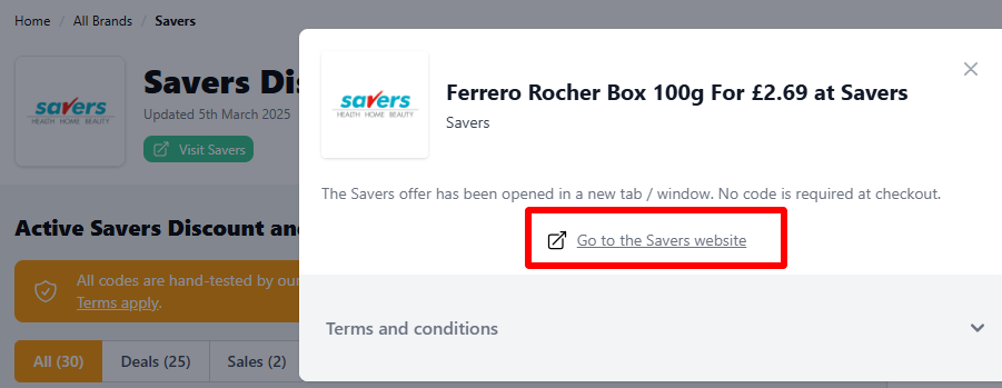 Savers offer with a red box highlighting the next step for shopping