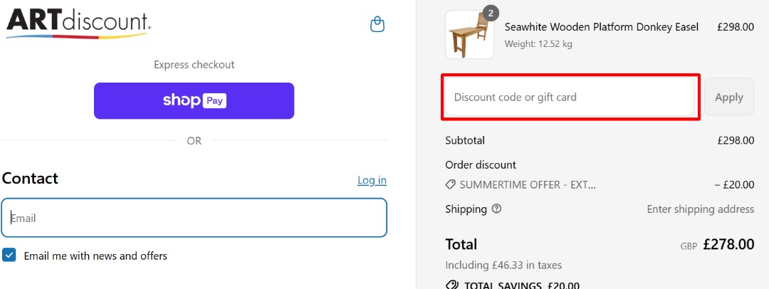 The checkout page showing where to apply your Art Discount discount code