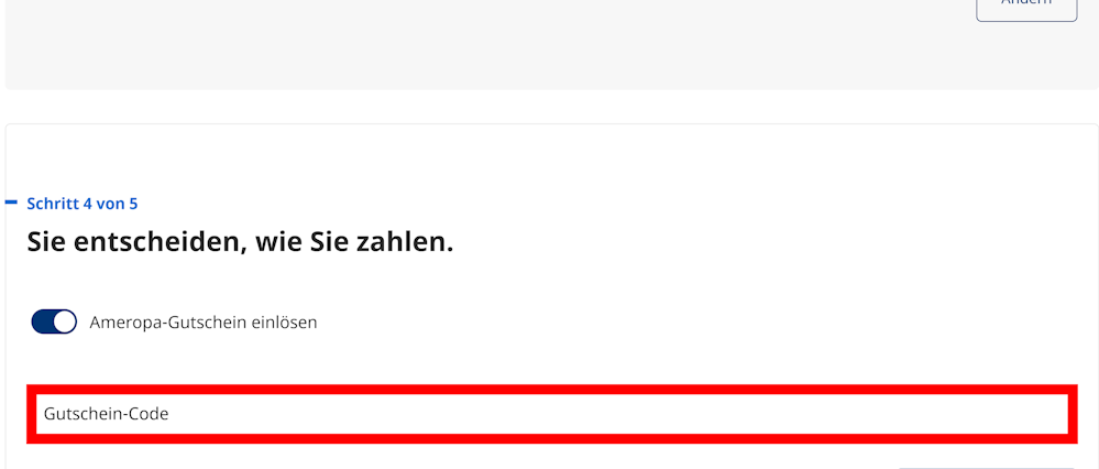 Rotmarkiertes Eingabefeld auf der Ameropa-Seite zum Einfügen eines Rabattcodes