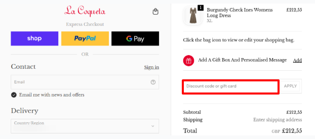 A red box is where you enter a La Coqueta promo code