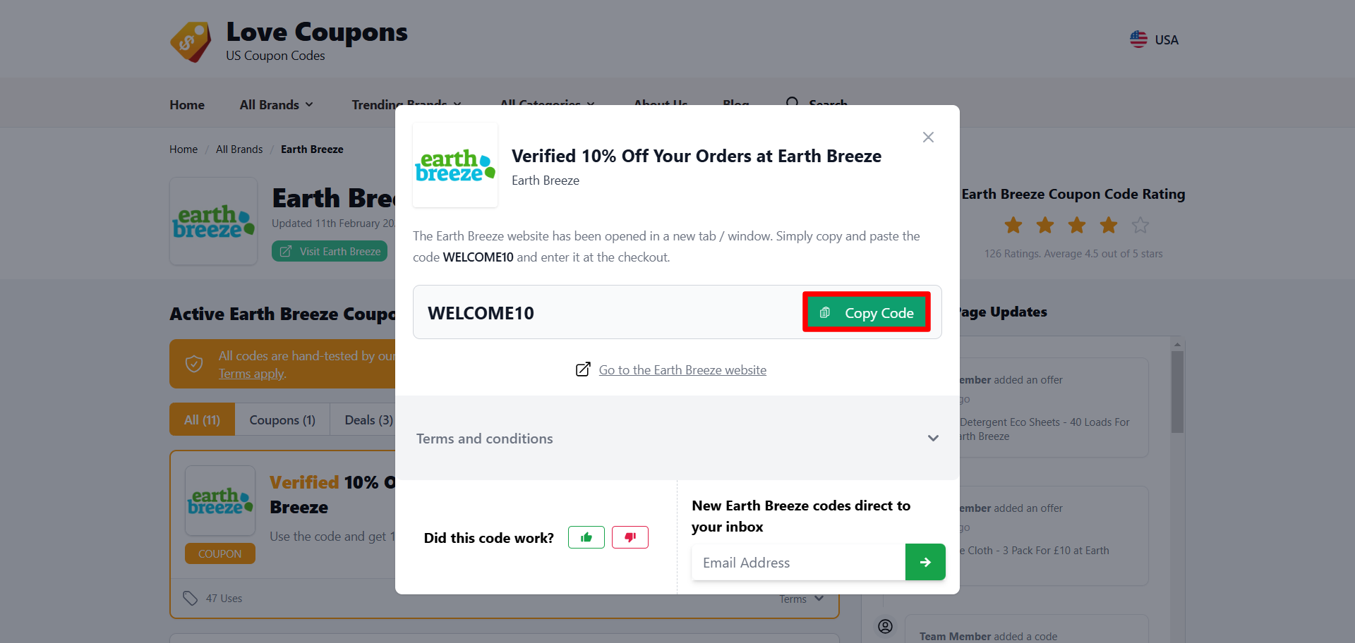 A popup displaying an Earth Breeze discount code and its terms and conditions