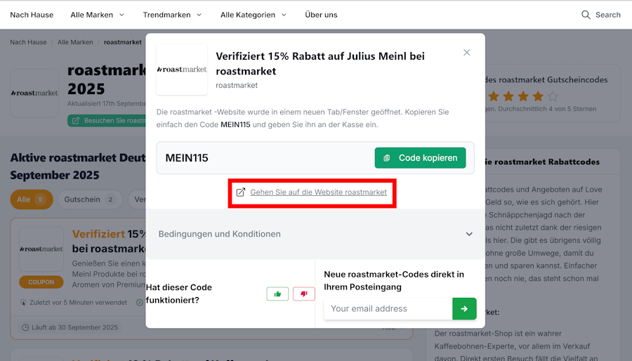 Offener roastmarket Gutscheincode mit einem rotmarkierten Link
