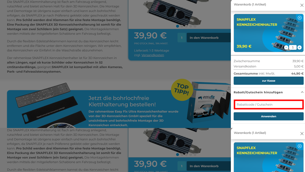 Warenkorb von 3D-Kennzeichen mit einem rotmarkierten Eingabefeld für den Rabattcode
