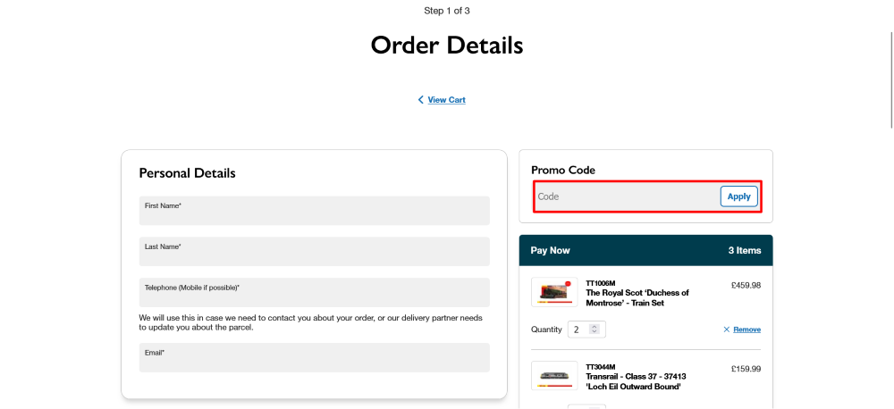 The checkout page for Hornby, where you paste the code