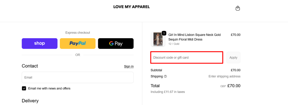 The checkout page for Love My Apparel, where you paste the code