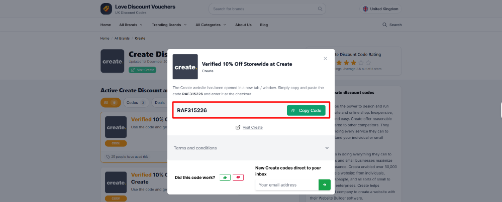 A Create code displayed on Love Discount Vouchers