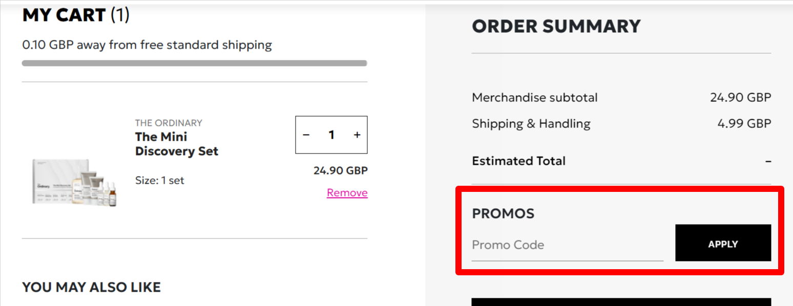 highlighted red box where customers can enter their The Ordinary coupon code