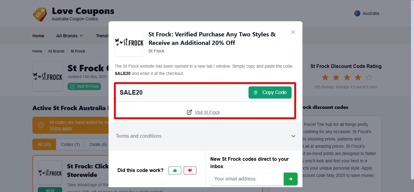 Love Coupons St Frock coupon code that is highlighted by a red box