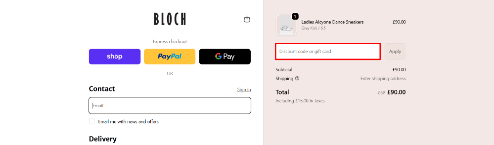 How to apply a Bloch promo code at checkout to save on your order.
