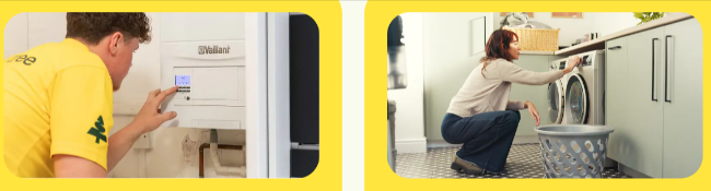 maintance man fixing an appliance and a woman using a washing machine