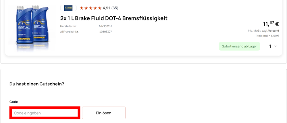 Bestellprozess von ATP Autoteile mit rotmarkiertem Eingabefeld für Gutscheine