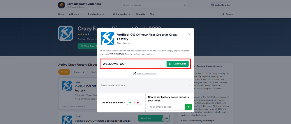 A discount code on Love Discount Vouchers from Crazy Factory