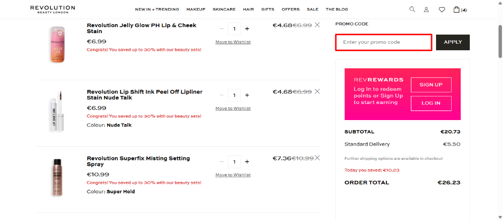 Revolution Beauty discount code place in your shopping bag