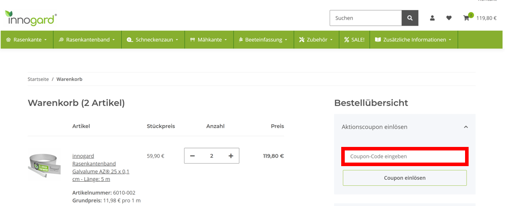 Warenkorb von Innogard mit rotmarkiertem Eingabefeld für Rabattcodes