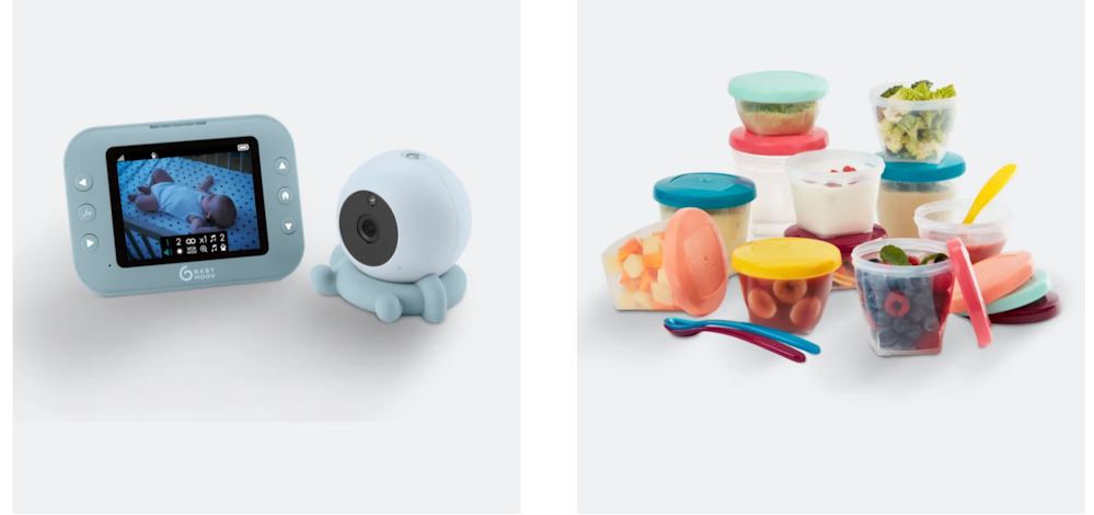 Ein Babyphone mit Screen neben mehreren bunten Behältern für Babies