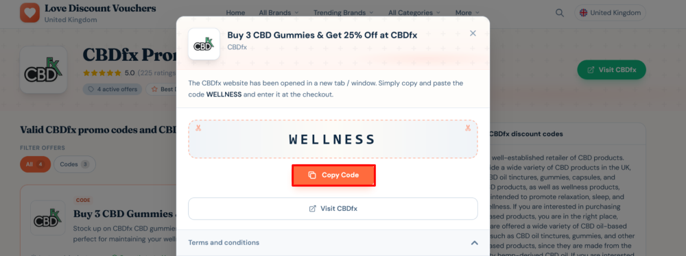 CBDfx page on Love Discount Vouchers where to copy a discount code