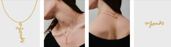 A collage of BAR JEWELLERY necklaces and a woman wearing a necklace