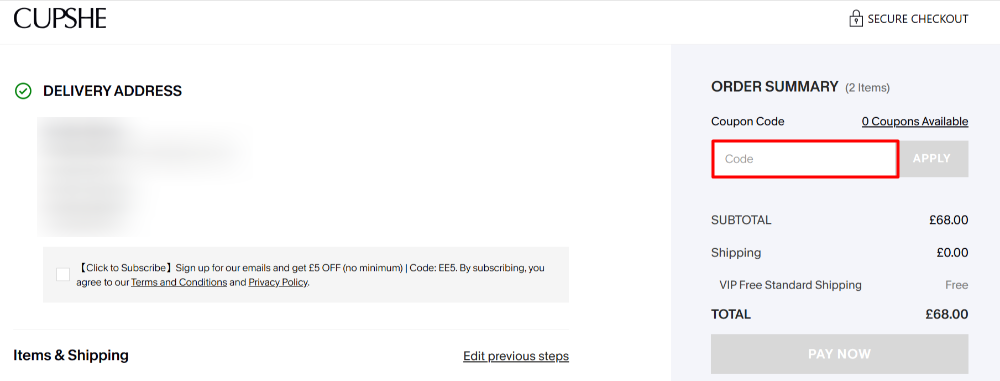 The Cupshe checkout with where to paste the Cupshe discount code in a red box