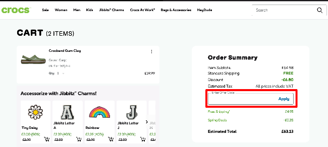 Crocs order summary and cart with discount code box