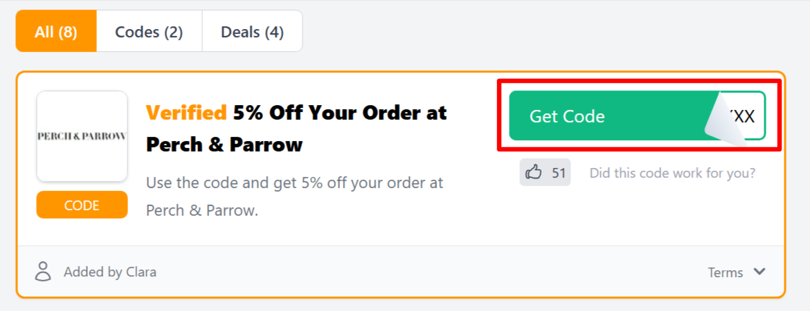 A Perch & Parrow voucher code for customers to use to save money 