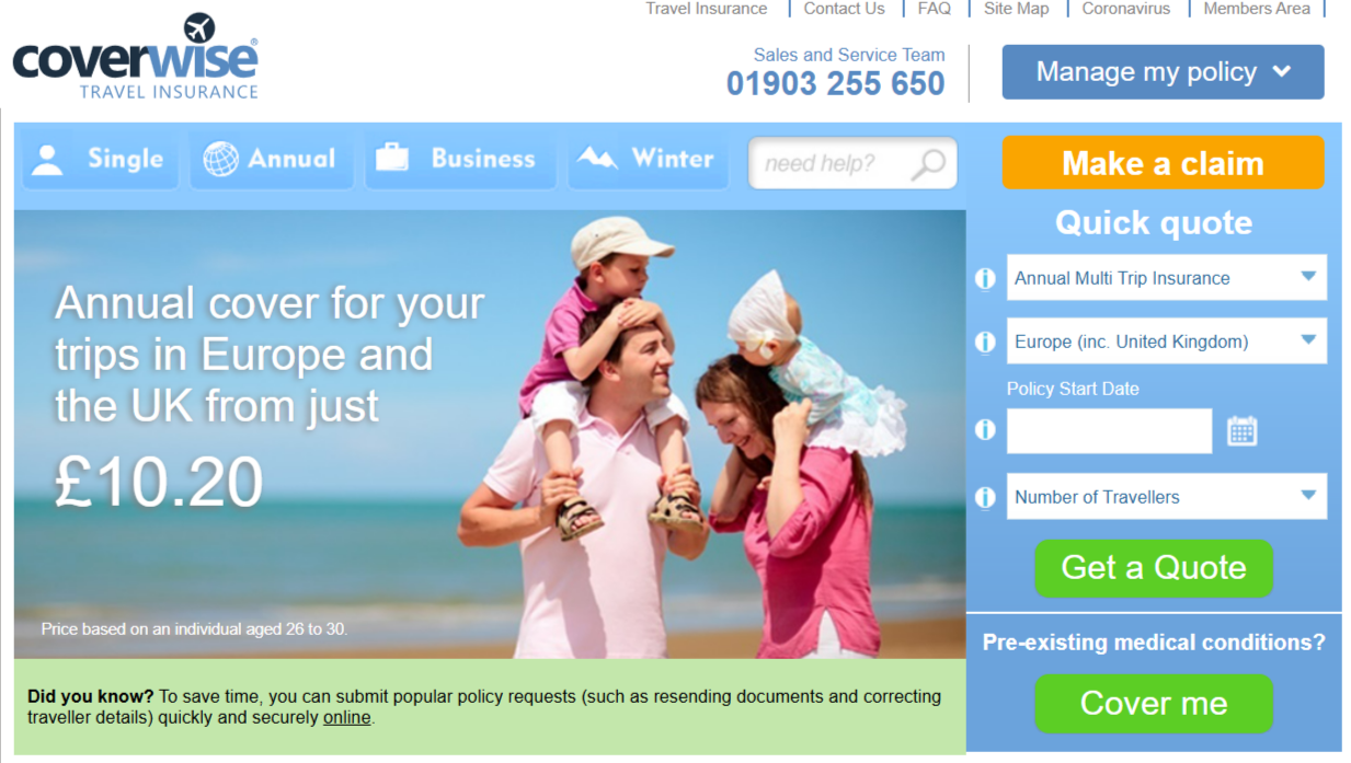 The Coverwise page with the different travel insurance options