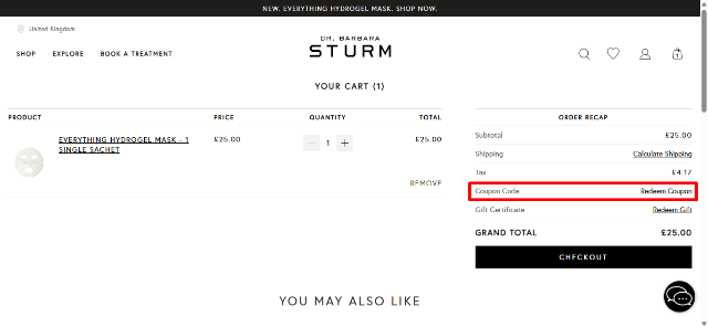 Dr. Barbara Sturm UK promo code discount box highlighted