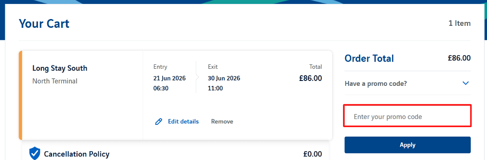 The Gatwick Airport Parking order summary page with where to paste the Gatwick Airport Parking discount code in a red box