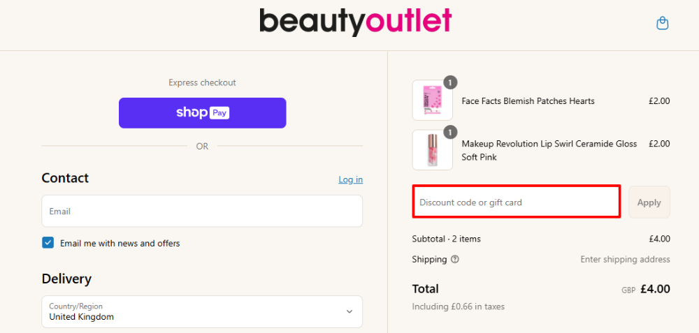 The Beauty Outlet checkout page with where to the paste the Beauty Outlet voucher code in a red box.