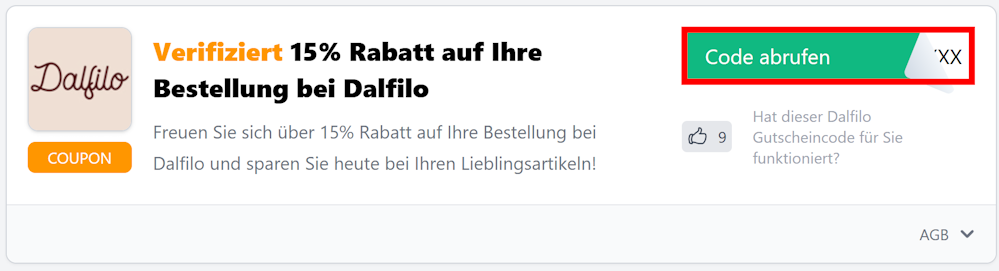 Infos zu einem Dalfilo Gutschein mit einem rot markierten Abruf-Button