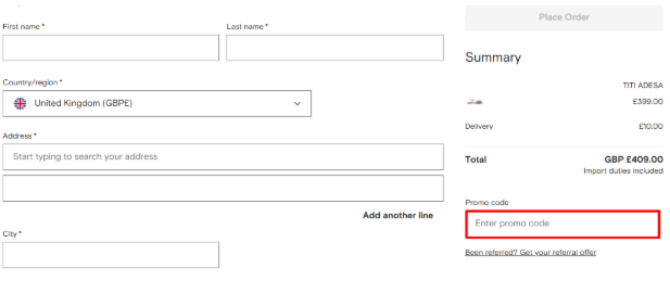 A box where you can add your Farfetch promo code to redeem it