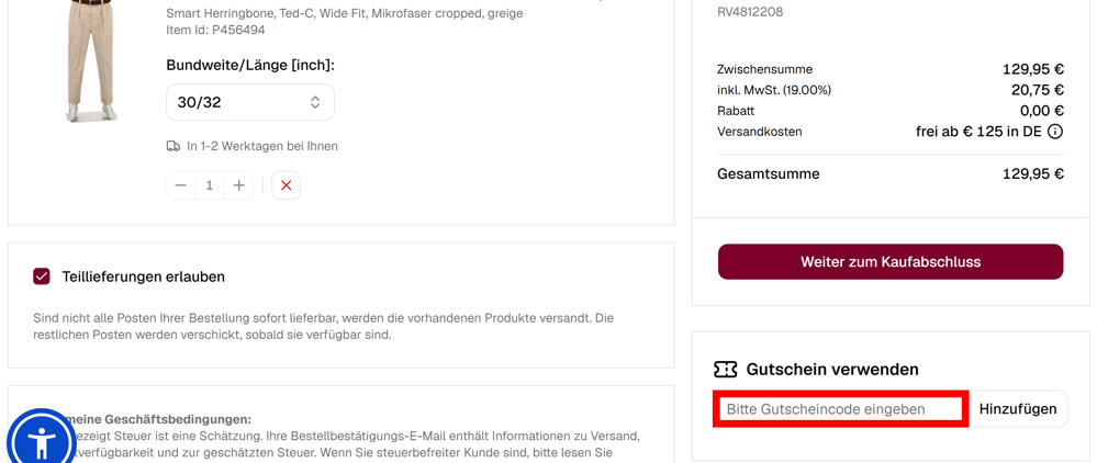 Warenkorb von ALBERTO mit rotmarkiertem Eingabefeld für Rabattcodes