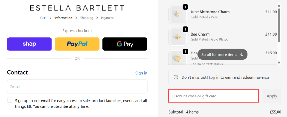 The Estella Bartlett checkout page with where to paste the Estella Bartlett voucher code in a red box